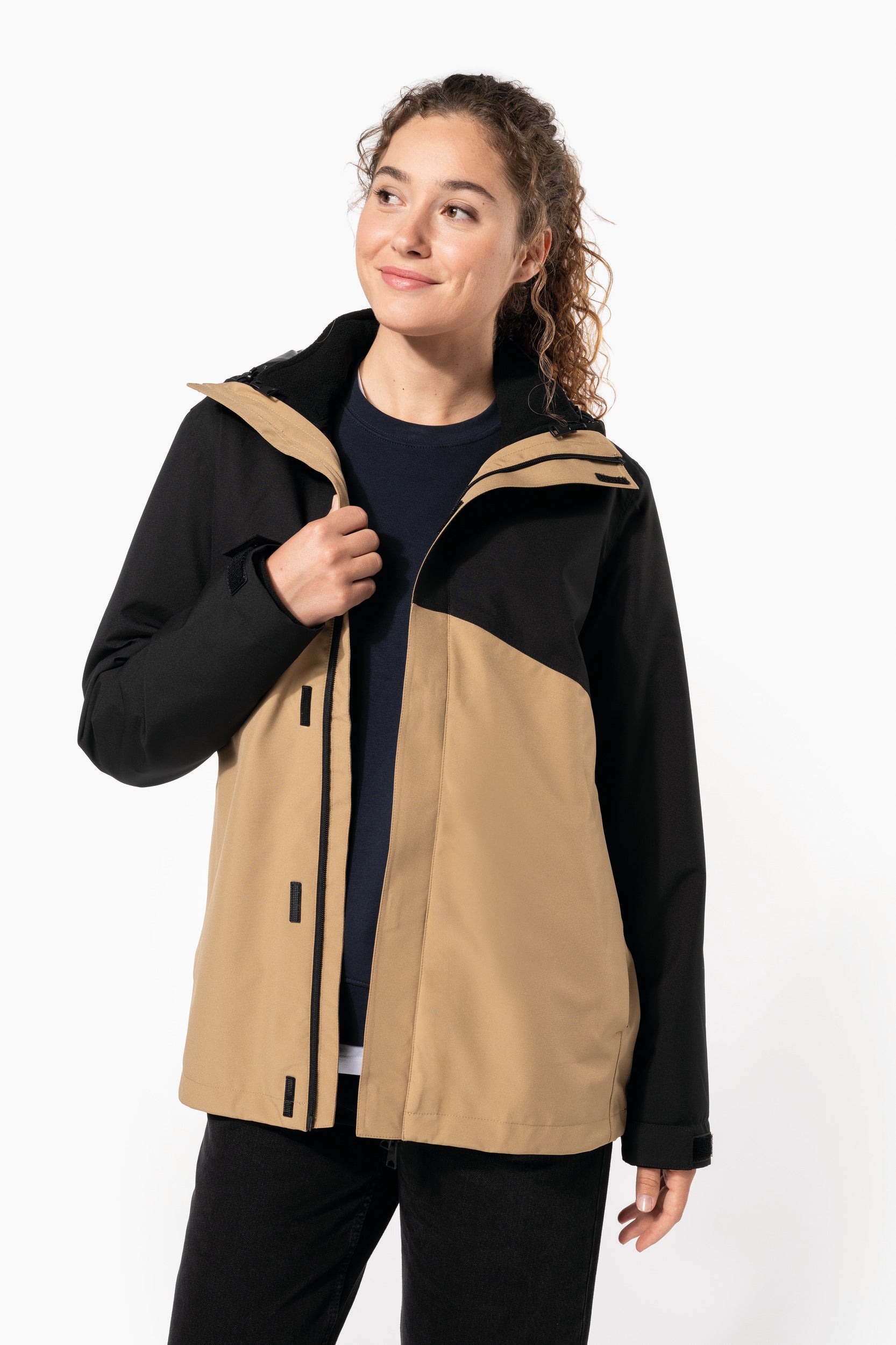 Parka 3 em 1 impermeável com capuz bicolor unissexo