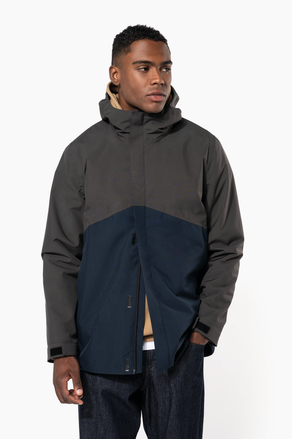 Parka 3 em 1 impermeável com capuz bicolor unissexo