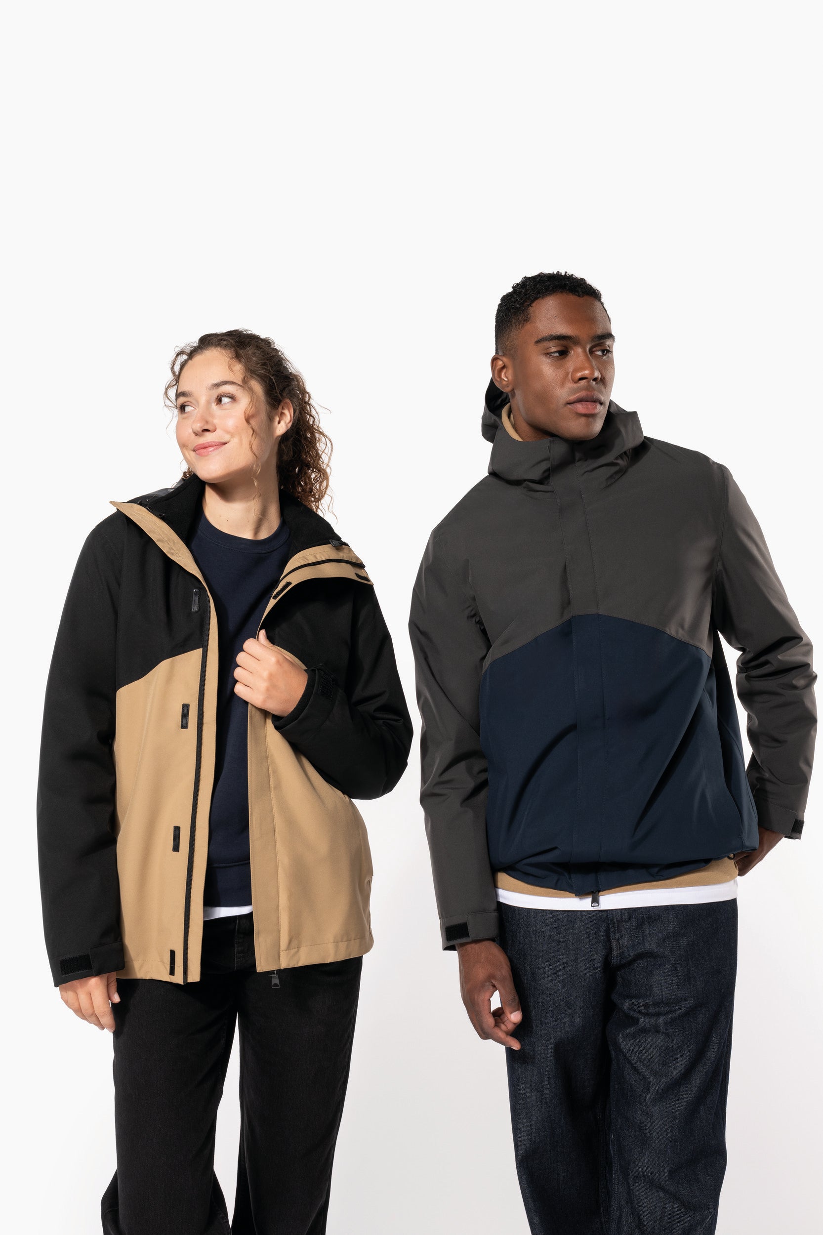 Parka 3 em 1 impermeável com capuz bicolor unissexo
